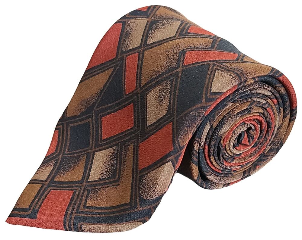Brandini Brown Rust Diamond Lattice Geometric Silk Necktie Made in Italy 57x4